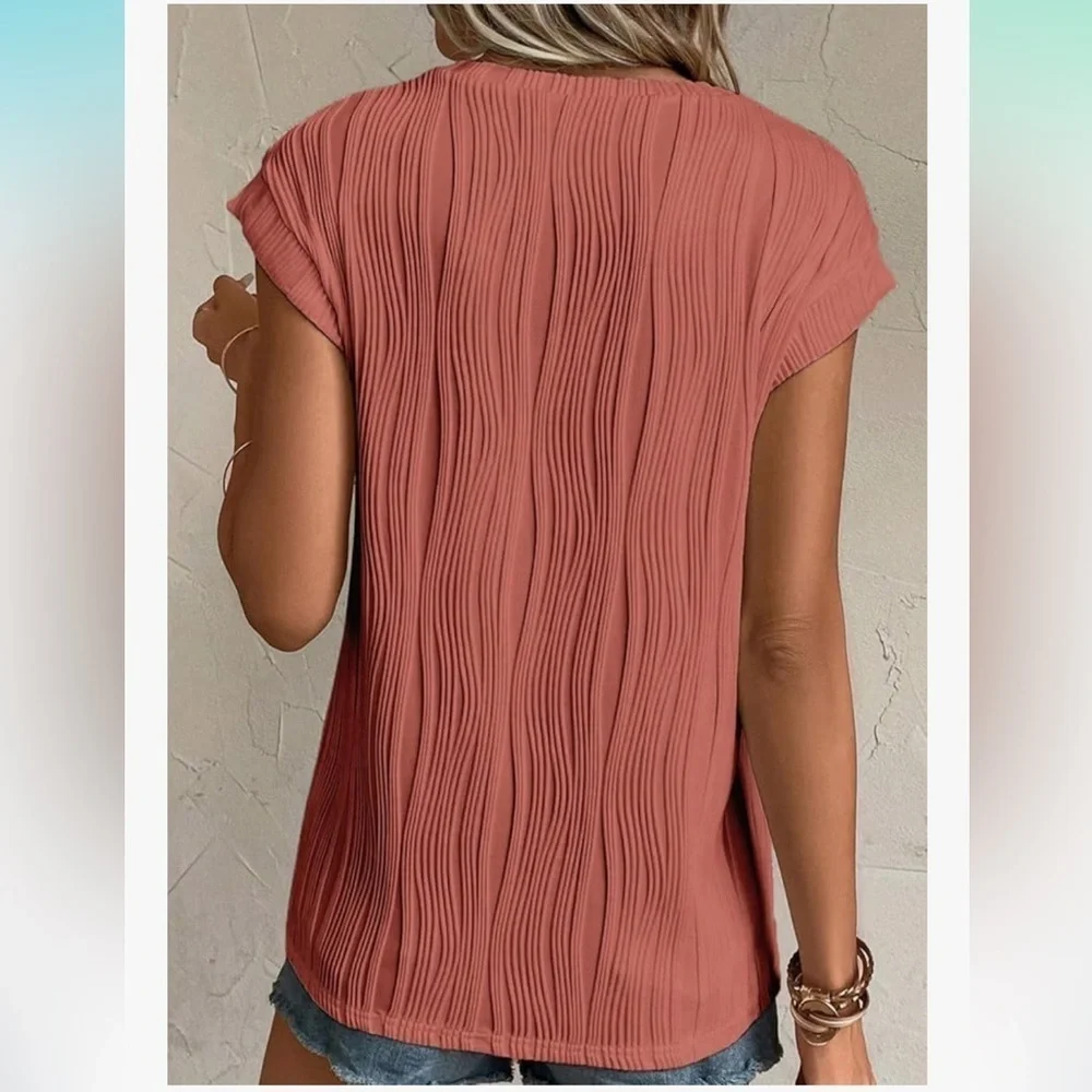 🦋 Coral Peach Pink Textured Short Sleeve Blouse Casual Stretch Comfy XXL